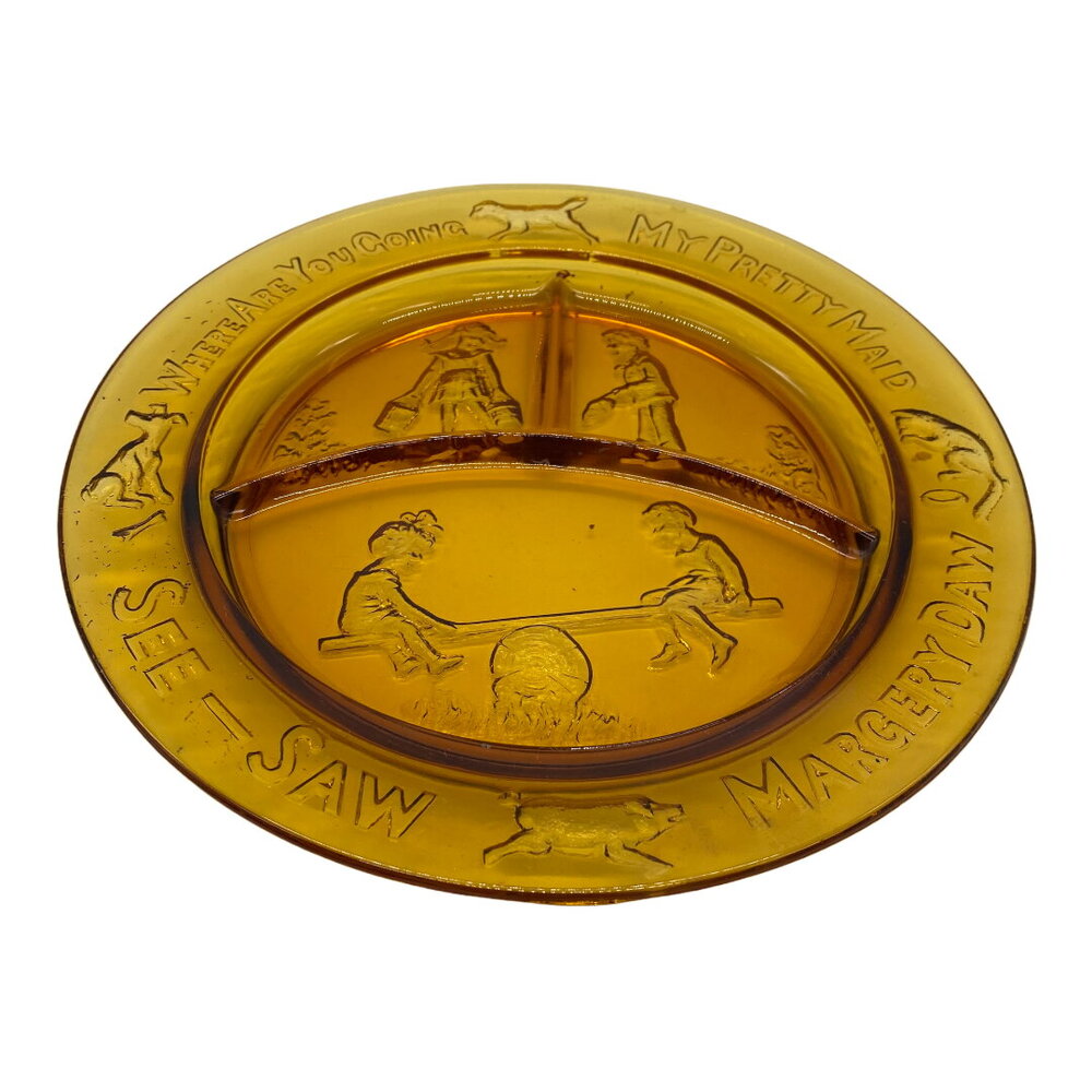 Vintage Amber Divided Glass Plate Margery Daw See-Saw My Pretty Maid EUC